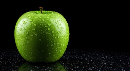Single Glossy Green Apple with Water Reflections