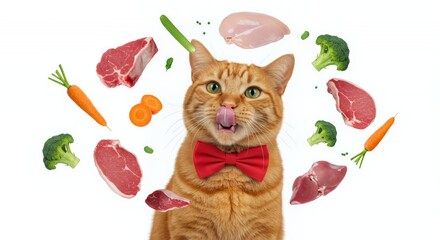 Ginger Cat with Red Bow Tie Licking Lips Surrounded by Floating Raw Meat and Vegetables on White Background