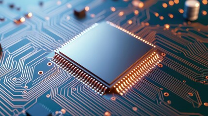 Close-Up View of a Square Copper Colored CPU Chip with Intricate Circuit Patterns and Electronic Components on a Blue Background