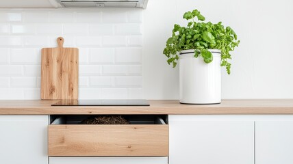 Fototapeta premium Food waste management concept illustrating circular economy solutions in a clean kitchen setting.