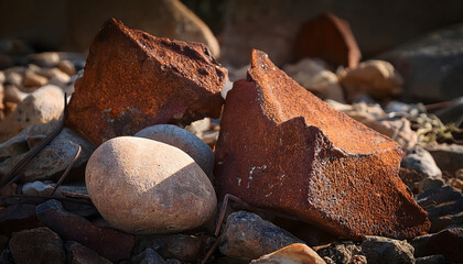 Rock formations and pebbles on a rocky surface