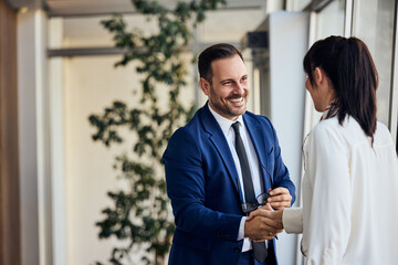 Professional Handshake Between Smiling Colleagues in a Modern Office Setting
