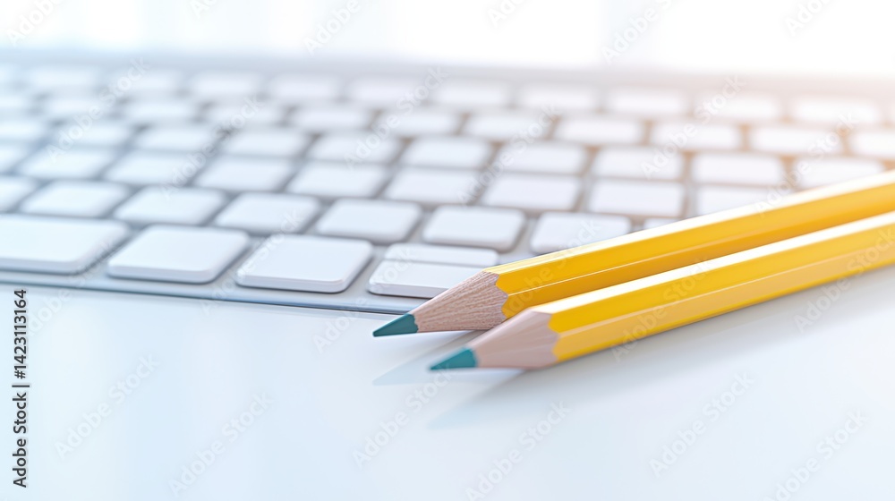 Fototapete Close-up of a white computer keyboard with two yellow colored pencils resting on a smooth surface in a bright and modern workspace environment
