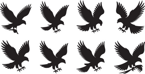 Obraz premium Eagle Silhouette Vector Set with Soaring Birds of Prey Wings Spread Wildlife Icons in Black Minimal Design