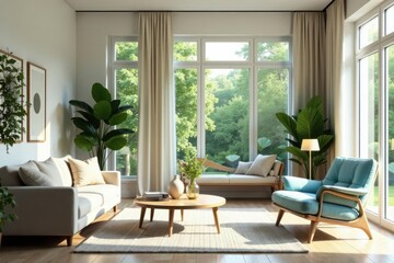 Fototapeta premium Sunlit Living Room with Modern Furniture and Lush Greenery, Offering a Serene and Peaceful Atmosphere