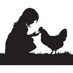 Child and Chicken Vector Silhouette - Rural Farm Life Illustration