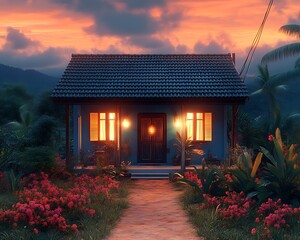 Tranquil Cottage Sunset Scenery