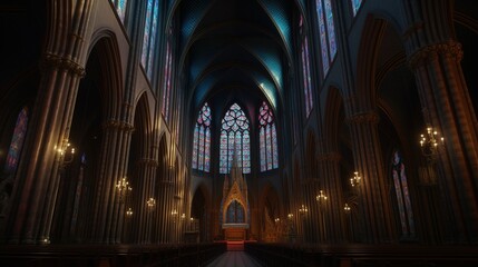 Fototapeta premium Stained glass windows illuminating church interior with high vaulted ceiling. Ai generative