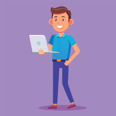 Young Man Using Laptop Concept Vector Illustration