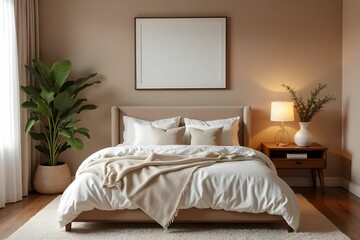 Cozy bedroom. Minimal interior design. Tidy bed. a sense of comfort, relaxation, and morning tranquility. Themes related to sleep, lifestyle, comfort and home interior