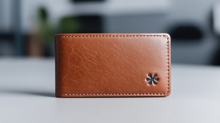 A close-up of a light brown leather wallet on a white surface.  The wallet is simple, featuring a smooth, textured surface and subtle stitching. A small, dark emblem is subtly impressed on the front