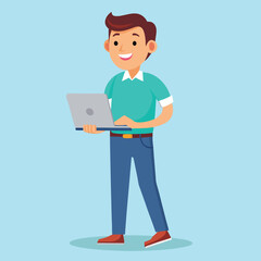 Young Man Using Laptop Concept Vector Illustration