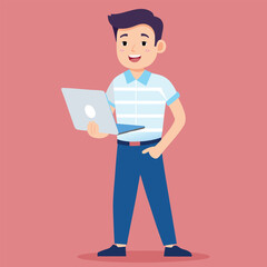 Young Man Using Laptop Concept Vector Illustration