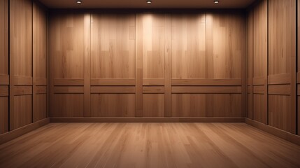 Fototapeta premium Empty room with wooden walls and floor illuminated by spotlights. Ai generative