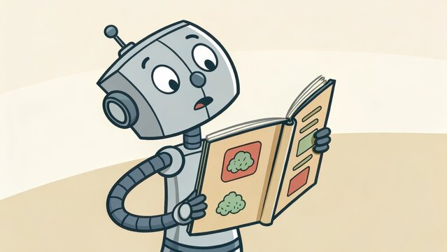 Curious cartoon robot with expressive face reading an illustrated book, reacting with surprise to its science or nature content.