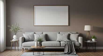 Scandinavian Living Room with Blank Wall Frame Mockup Above Sofa – Minimalist Interior Design