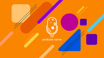 ABSTRACT TEMPLATE PODCAST MICROPHONE FLAT COLOR ORANGE BACKGROUND WITH GEOMETRIC SHAPES DESIGN VECTOR. GOOD FOR COVER DESIGN, BANNER, WEB,SOCIAL MEDIA