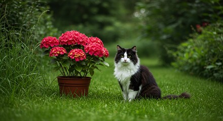 Fluffy Black And White Cat with Green Eyes Sitting Beside Crimson Hydrangea in Vibrant Green Meadow With Shallow Depth of Field Captured by 50mm Lens