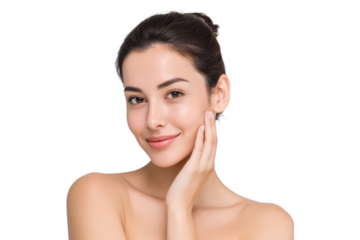 Beautiful young woman with natural glowing skin touching face, isolated on transparent background