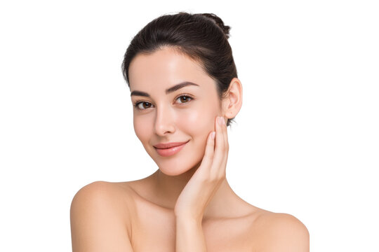 Beautiful young woman with natural glowing skin touching face, isolated on transparent background