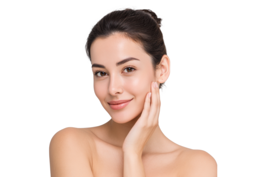 Beautiful young woman with natural glowing skin touching face, isolated on transparent background