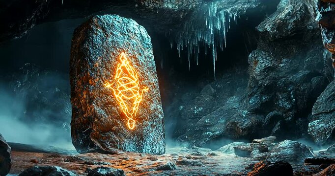 Mysterious glowing rune stone in a dark cave illuminated by shimmering icicles and mist