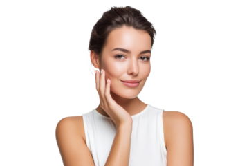 Beautiful woman with clear glowing skin in white top, isolated on transparent background