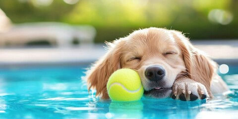 Golden Retriever Puppy Sleeping Poolside With Tennis Ball