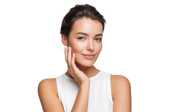 Beautiful woman with clear glowing skin in white top, isolated on transparent background