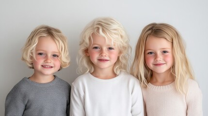 Three young children smiling and standing close together against a plain light background, showcasing innocence and sibling bond, and studio portrait.