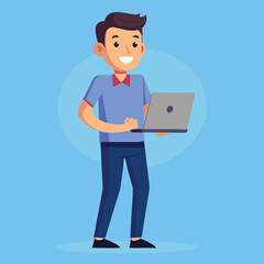 Young Man Using Laptop Concept Vector Illustration
