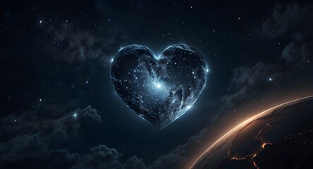A radiant heart of moonlight and soft celestial dust shines above Earth, illustrated as a stunning cosmic wallpaper.   