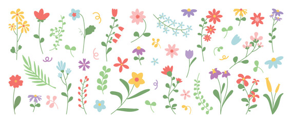 Collection of spring colorful flower elements vector. Set floral of wildflower, leaf branch, foliage on white background. Hand drawn blossom illustration for decor, easter, thanksgiving, clipart.