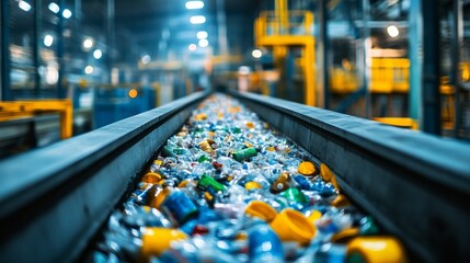 A waste processing facility is actively treating and disposing of hazardous waste. Conveyor belts transport various materials through specialized treatment systems in a controlled environment.