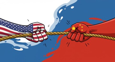 Tug-of-War: American and Chinese Flags in a Global Power Struggle