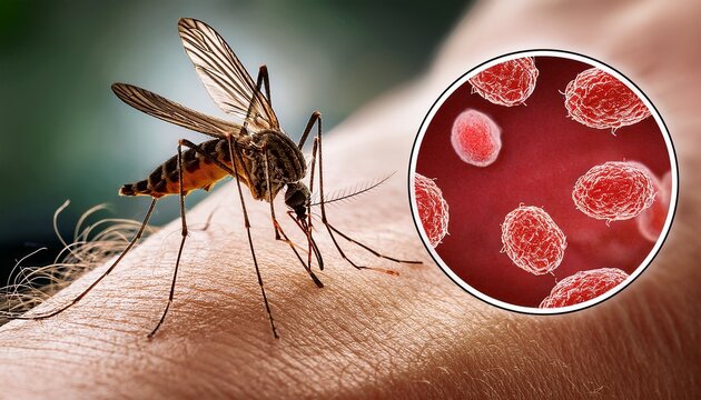 A detailed medical illustration showing the life cycle of malaria. In the foreground, a close-up of an Anopheles mosquito is biting a human arm, transmitting Plasmodium parasites.