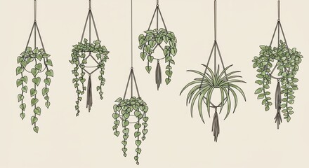 Five Hanging Plants Line Illustrations