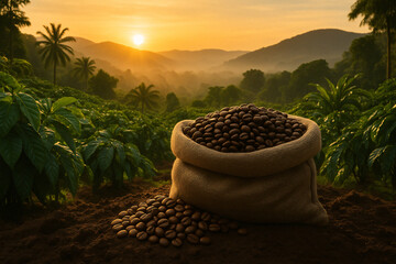 Fresh coffee beans in a burlap sack at sunrise, lush coffee plantation landscape, warm sunlight, agricultural scenic view.
