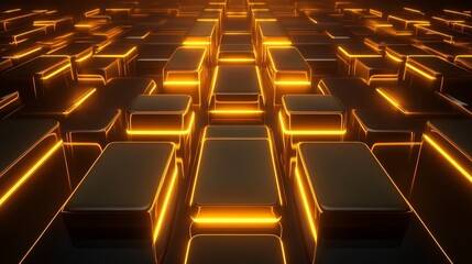 Obraz premium Abstract Golden Cubes with Neon Glowing Edges Modern Technology Background