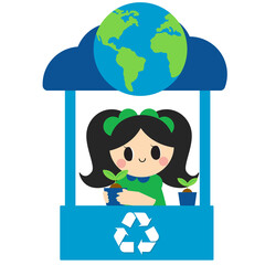 Earth Day, Girl, Planet, Globe, Seedling, Sprout, Recycle, Bin, House, Solar Panel, Wind Turbine, Cute, Cartoon, Green, Blue, Child, Happy, Environment, Nature, Illustration
