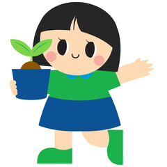 Earth Day, Girl, Planet, Globe, Seedling, Sprout, Recycle, Bin, House, Solar Panel, Wind Turbine, Cute, Cartoon, Green, Blue, Child, Happy, Environment, Nature, Illustration