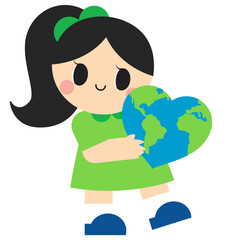Earth Day, Girl, Planet, Globe, Seedling, Sprout, Recycle, Bin, House, Solar Panel, Wind Turbine, Cute, Cartoon, Green, Blue, Child, Happy, Environment, Nature, Illustration