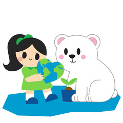 Earth Day, Girl, Planet, Globe, Seedling, Sprout, Recycle, Bin, House, Solar Panel, Wind Turbine, Cute, Cartoon, Green, Blue, Child, Happy, Environment, Nature, Illustration