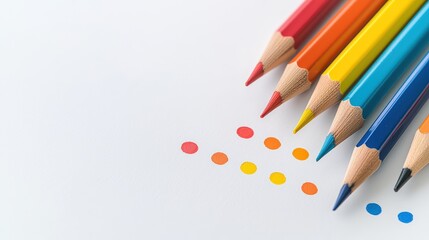 Close-Up View of Multicolored Pencils Arranged Neatly on White Sheet of Paper with Colorful Dots Below