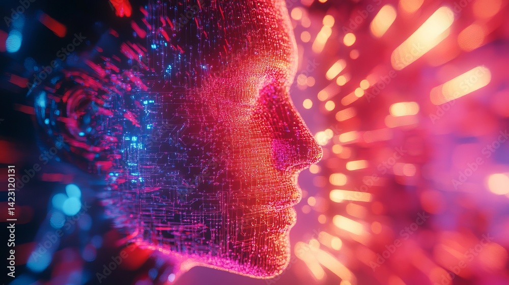 Wall mural abstract digital face artificial intelligence network technology concept ai 3d sci red data pink blu