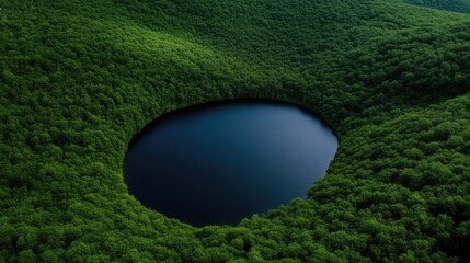 Serene, circular lake nestled within a lush forest