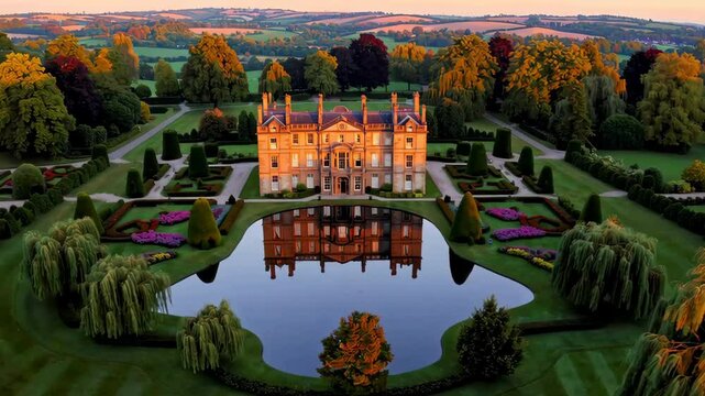 Brympton d'evercy reflecting in ornamental lake at sunset