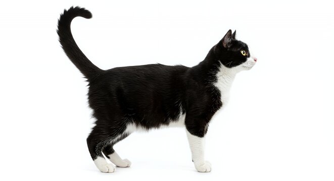 Elegant Profile of a Black and White Tuxedo Cat Standing Isolated on White Background in a Bright Studio Shot Showcasing its Beautiful Fur and Alert Expression Optimized for Adobe Stock Photo