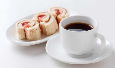 Rolled guava cake slices with hot coffee served in white porcelain on a clean background, Generative AI