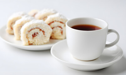Rolled guava cake slices with hot coffee served in white porcelain on a clean background, Generative AI